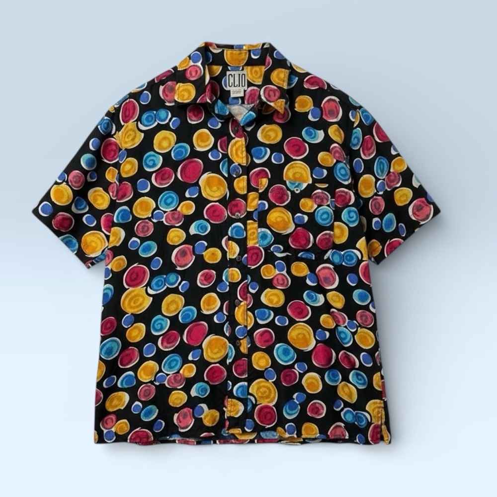 VTG 80s Clio Silk Polka Dot New Wave Short Sleeve Blouse Women’s Medium